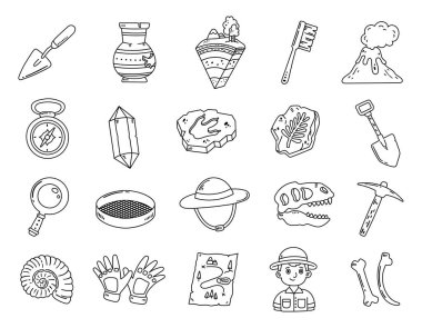 Geology set in outline line art, trowel, pottery and vessel, layer, stratigraphy and brush, volcano and compass, crystal, footprint, fossil, leaf, shovel and sieve, helmet
