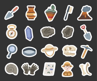 İskandinav tarzında dizilmiş jeoloji, mala, çömlek ve kap, katman ve stratigrafi, fırça, volkan ve pusula ve kristal, ayak izi, fosil, yaprak, kürek ve kevgir, kask