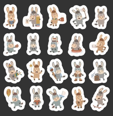 Değişik duygular ve pozlar gösteren, elinde kitap, kalem, kupa ve kurabiye, mektup, maytap ve boya fırçası, balon, kalp ve yelkenli.