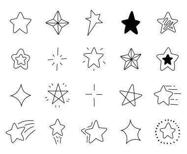 Yıldız eli çizilmiş parlak şekiller gökyüzü süslemeleri ile göksel ışıltı tasarımları yapmak için kozmik bir motif oluşturur.