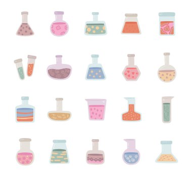 Laboratuvar deneyleri için İskandinav tarzında hazırlanmış kimyasal matara. İllüstrasyon ve tasarım projeleri için kullanışlı olan yaratıcı bilimsel elementler bileşimi materyalleri.