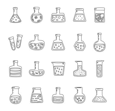 Laboratuvar deneyleri için ana hat sanatı ile özetlenmiş kimyasal matara. İllüstrasyon ve tasarım projeleri için kullanışlı olan yaratıcı bilimsel elementler bileşim materyalleri kavramları.