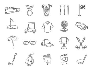 Ayakkabı, kupa, araba, top, eldiven, şemsiye, şapka, defter, sürücü, sopa, golf sopası, golf sopası, içecek, güneş gözlüğü ve vites içeren ana hatlı sanat eserleri.