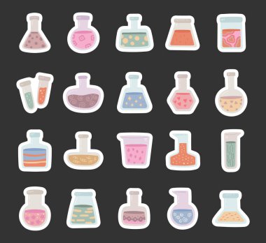 Laboratuvar deneyleri için İskandinav tarzında hazırlanmış kimyasal matara. İllüstrasyon ve tasarım projeleri için kullanışlı olan yaratıcı bilimsel elementler bileşimi materyalleri.