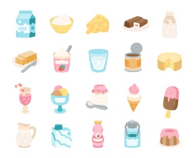 Süt, peynir ve yoğurt, tereyağı, kefir, dondurma ve puding, bardak, koni, bar, sürahi, buzlu şeker içeren İskandinav tarzı gıda illüstrasyonunda mandıra ürünü.