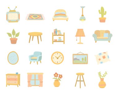 İskandinav tarzı ev eşyaları televizyon, kanepe, yatak odası, lamba, halı, bitki gibi oturma odası malzemelerini gösteriyor.