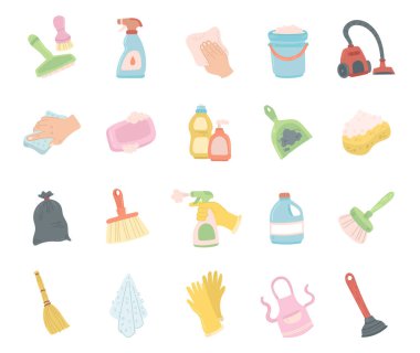 Tuvalet temizliği için İskandinav tarzı nesnelerle temizleme seti fırça, sprey, teneke kutu, şişe, sünger, eldiven, süpürge, kova, süpürge, süpürge...