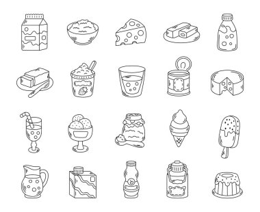 Süt, peynir ve yoğurt, tereyağı, kefir, dondurma ve puding, bardak, koni, bar, sürahi, buzlu şeker içeren mandıra ürünleri.