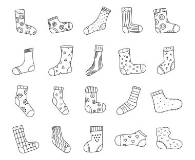 Anaokulu çocukları için tasarlanmış rahat giysi süslemeleri, dekorasyon projeleri ve el yapımı tekstil kavramları içeren ana hatlarıyla belirlenmiş çorap.