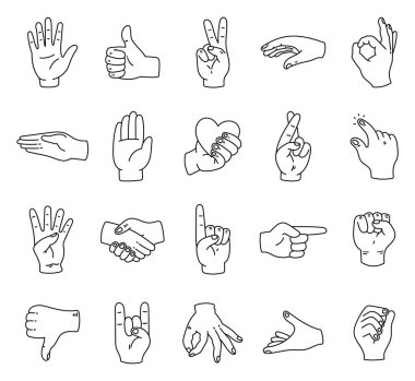 Tasarım projelerini geliştiren çeşitli bağlamlarda gösterilen çeşitli anlamlı insan sinyallerini tasvir eden ana hat çizgisi üzerinde el işaretleri.