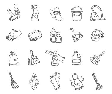 Banyo temizliği için ana hatlı sanat objelerine temizleme seti fırça, sprey, teneke kutu, şişe, sünger, eldiven, süpürge, kova, süpürge, süpürge...