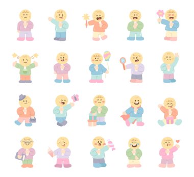 İskandinav tarzında belirlenmiş insan yüz ifadesi çocuk duygularını gösteren balon hediye kitabı dondurması ile etkinlik gösteren günlük duygular.