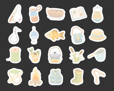 İskandinav usulü olta şişesi, tekne kancası, yüzen balık, sırt çantası, kamp ateşi.