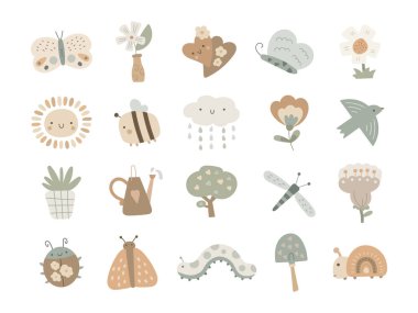 Şirin böceklerin bulunduğu İskandinav tarzı bir bahar bahçesi. Hava şartları ve tasarım projeleriniz için mükemmel karakterler.