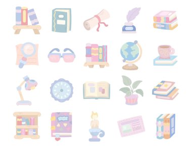 İskandinav tarzında hazırlanmış kütüphane. Kitaplarda okuma nesneleri, bilgi çalışma alanı eğitimi ve resimleriniz için samimi entellektüel atmosfer.