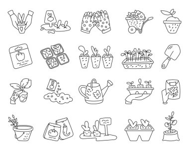 İlkbahar bahçesi ana hatlarda sergileniyor. Aletler, tohumlar, çömlekler, eldivenler, el arabası, su kovası, kova, tepsiler, gübre, toprak.