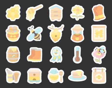 Arı kovanının kullanıldığı İskandinav tarzında yapılmış bal arıcılığı üretimi, çiçek kovanları, arıcılık işi ekipmanlarını hasat eden temel arı sembolleri.