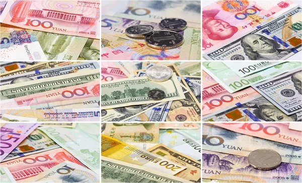 Collage (conjunto) de la palabra principal moneda Yuan, Dólar estadounidense y prohibición del euro —  Fotos de Stock