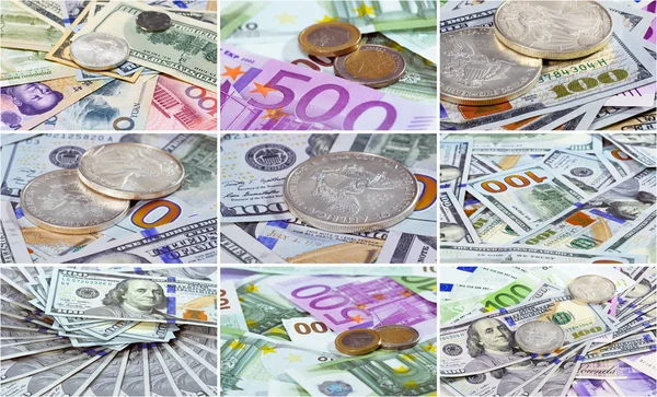 Коллаж серебряных американских долларов и евро монет над различными — стоковое фото