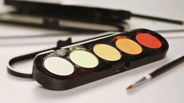 Cepillo de maquillaje moviéndose sobre la paleta de sombras multicolor — Vídeos de Stock