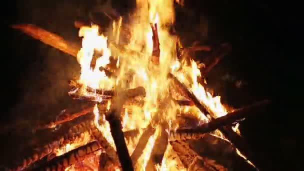 迷人的篝火火焰燃烧在夜，缩放在摄像机运动 — 图库视频影像