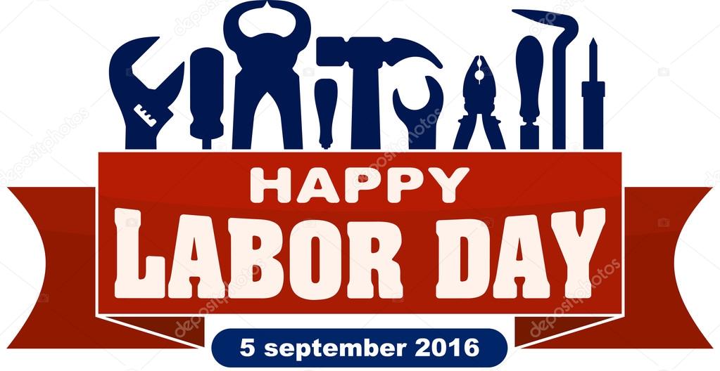 Happy labor day celebrating banner with silhouettes of workers tools: hammer, screwdriver, pliers, file, soldering iron, pliers, awl, etc.