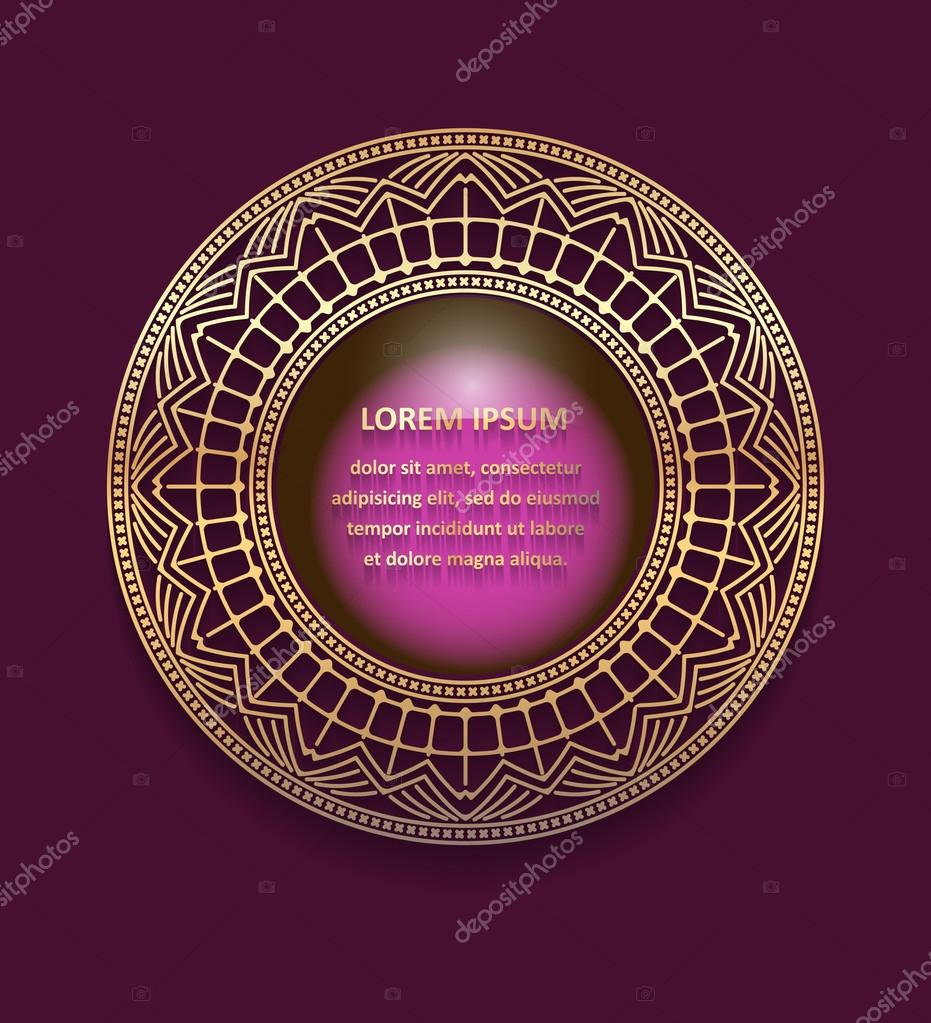Ornate, decorative, lace, gold frame, mandala on violet dark background. It can be used for decorating of invitations, greeting cards or logo design