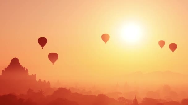 Templos y globos aerostáticos en Bagan — Vídeos de Stock