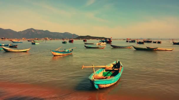 Fisherman boats in harbor bay — Stock Video