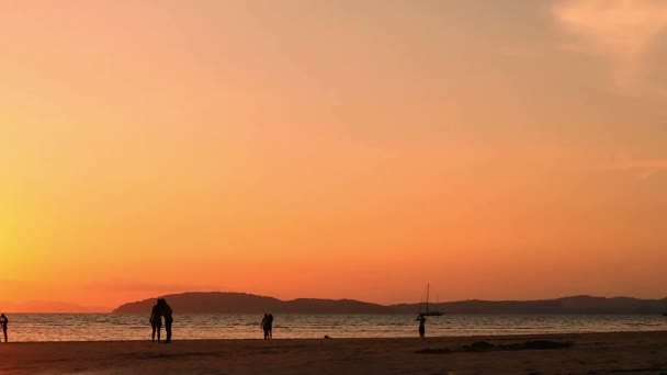 Złoty zachód słońca na plaży morskiej. Jasny wieczór letni słońce i fale oceanu — Wideo stockowe