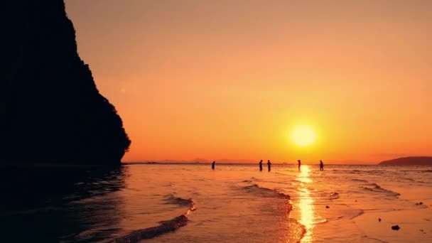 Groep vrienden op tropisch strand bij zonsondergang — Stockvideo