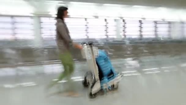 Adult female tourist pushes baggage hand cart with luggage on it while traveling — Stock Video