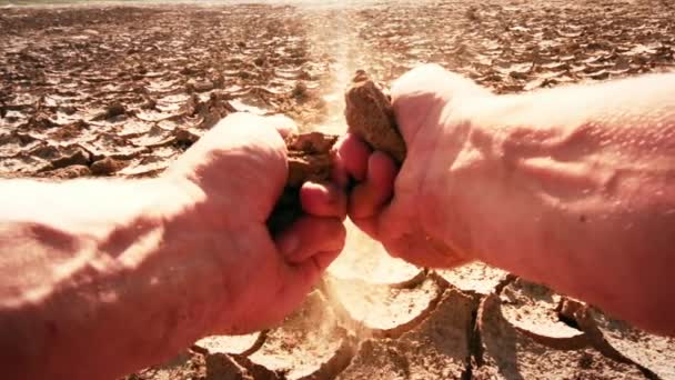 Handen verdeeld stuk van droge bodem — Stockvideo