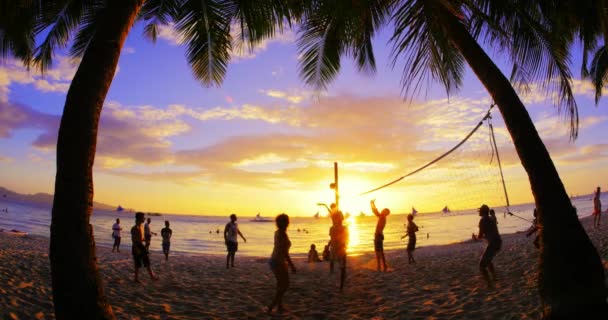 Volleyball players enjoy warm sunset time and play ball on tropical sandy beach — Stock Video