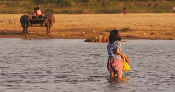 Cena de Mianmar rural ao pôr-do-sol. Mulher birmanesa atravessando o rio Irrawaddy — Vídeo de Stock