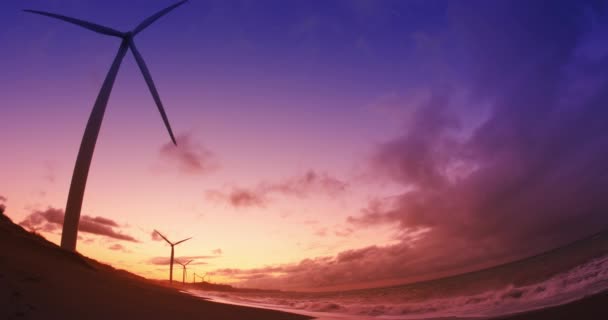 Sea shore with wind mill turbines — Stock Video