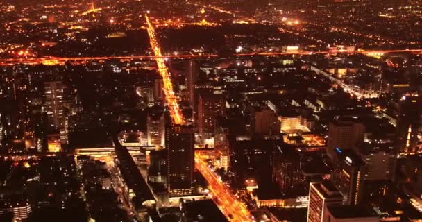 Панорамный вид с воздуха на современный город ночью — стоковое видео
