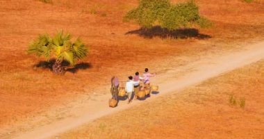 Bagan yakınlarındaki kırsal Myanmar (Burma) kırsal yolda kadın köylüler