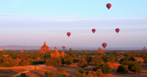 Buddhistische Tempel und Heißluftballons — Stockvideo