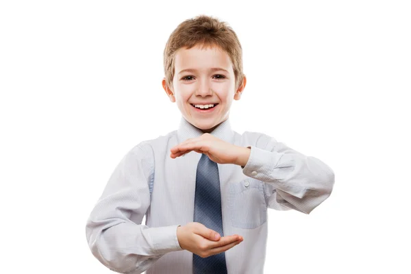 Smiling child boy hand holding invisible sphere or globe — Stock Photo, Image