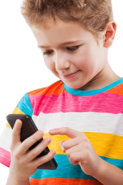 Sonriente niño niño hablando teléfono móvil o teléfono inteligente — Foto de Stock