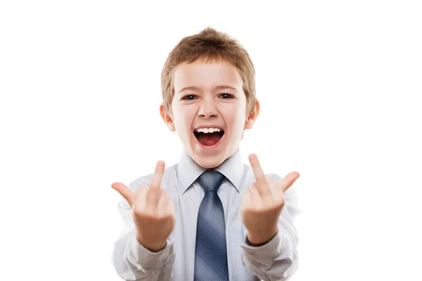 Criança sorridente menino gestos dedo médio sinal obsceno para negat — Fotografia de Stock