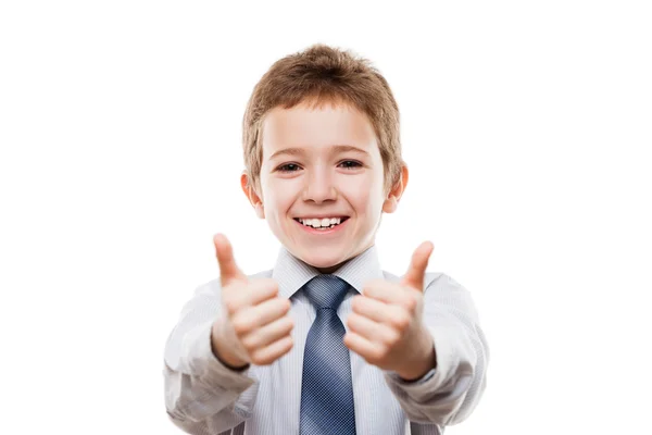 Sorrindo jovem empresário criança menino gestando polegar até sucesso s — Fotografia de Stock
