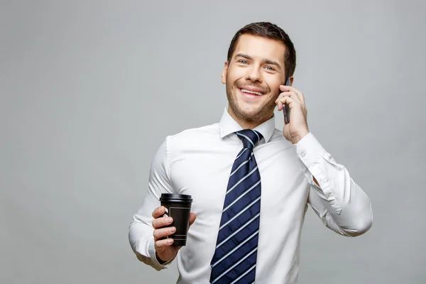 Handsome stylish businessman on grey background — Stock Photo, Image