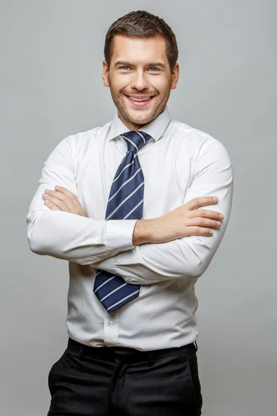 Guapo hombre de negocios con estilo sobre fondo gris — Foto de Stock