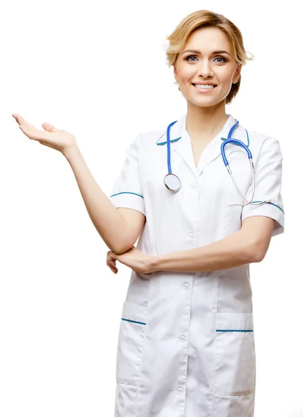 Woman doctor standing on white background — Stock Photo, Image