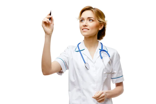 Woman doctor standing on white background — Stock Photo, Image