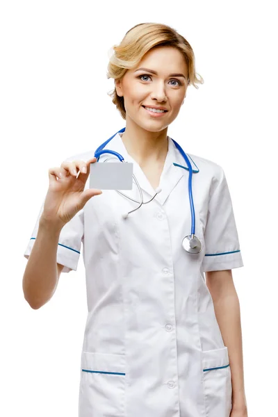 Woman doctor standing on white background — Stock Photo, Image