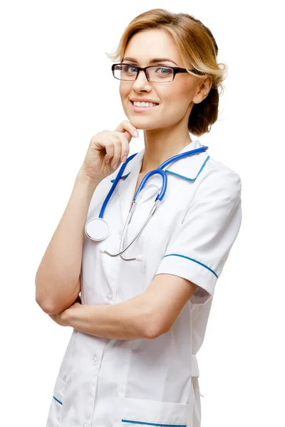 Woman doctor standing on white background — Stock Photo, Image