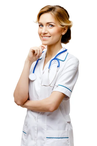 Woman doctor standing on white background — Stock Photo, Image